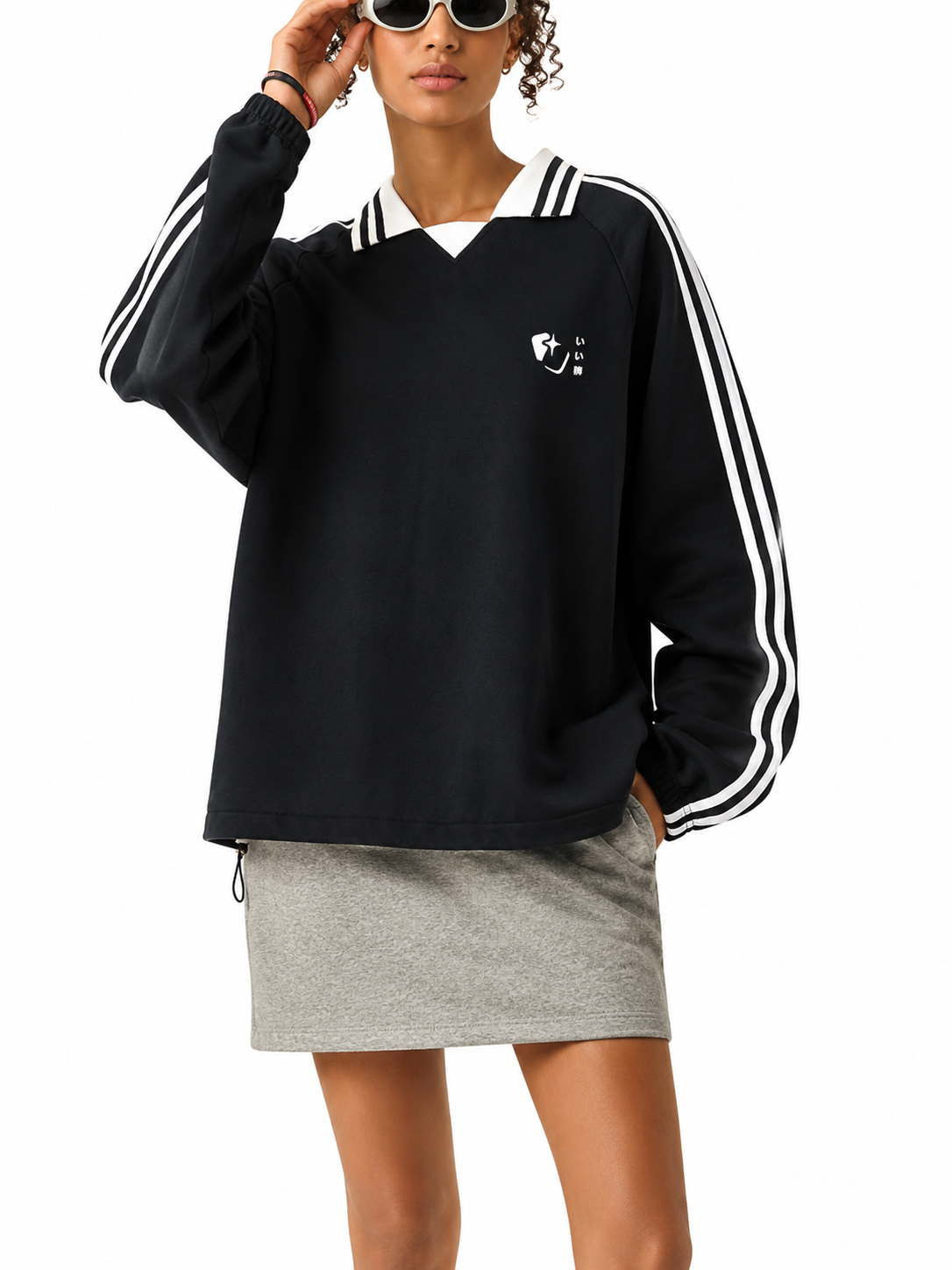Lucky Tiles Striped Lapel Collar Sweatshirt